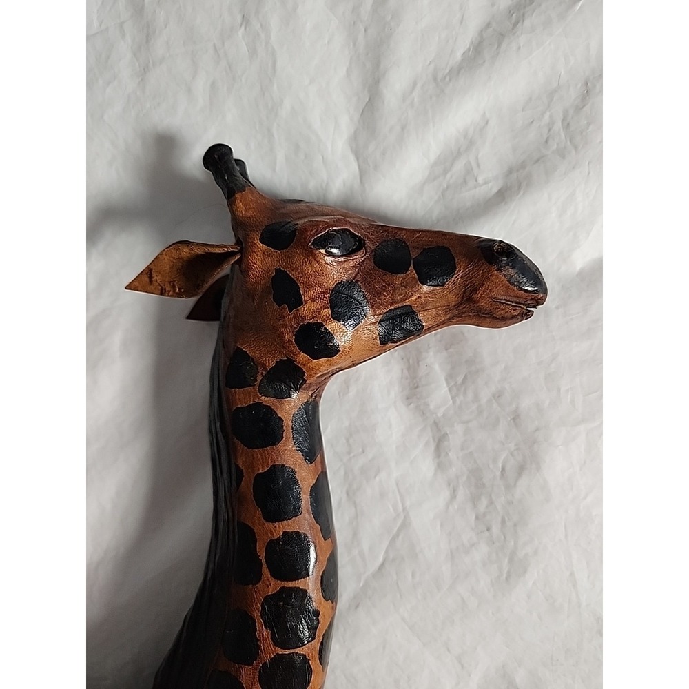 Vintage African Giraffe Sculpture Hand-Painted Leather Wrapped 15" Glass Eyes - Picture 4 of 10